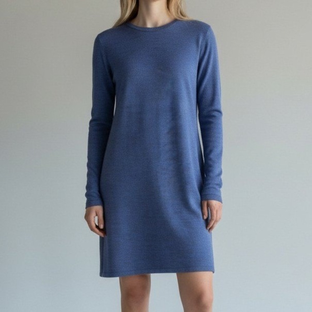 Athleta Womens Blue Heathered Knit Long Sleeve Crew Neck Shift Dress Size L